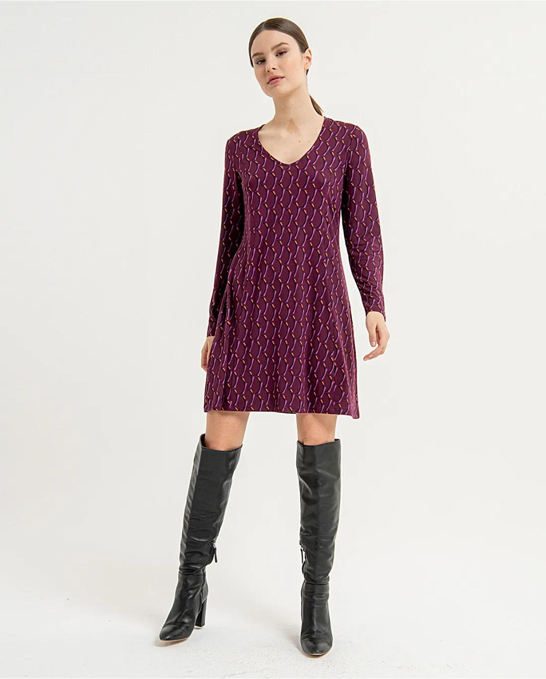 716- Long Sleeve VNeck Printed Dress- Purple- Surkana