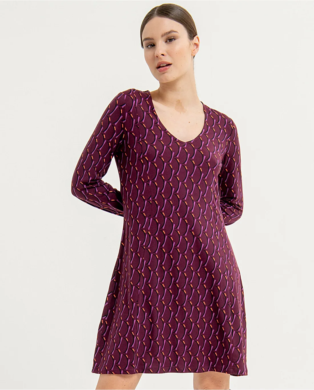 716- Long Sleeve VNeck Printed Dress- Purple- Surkana