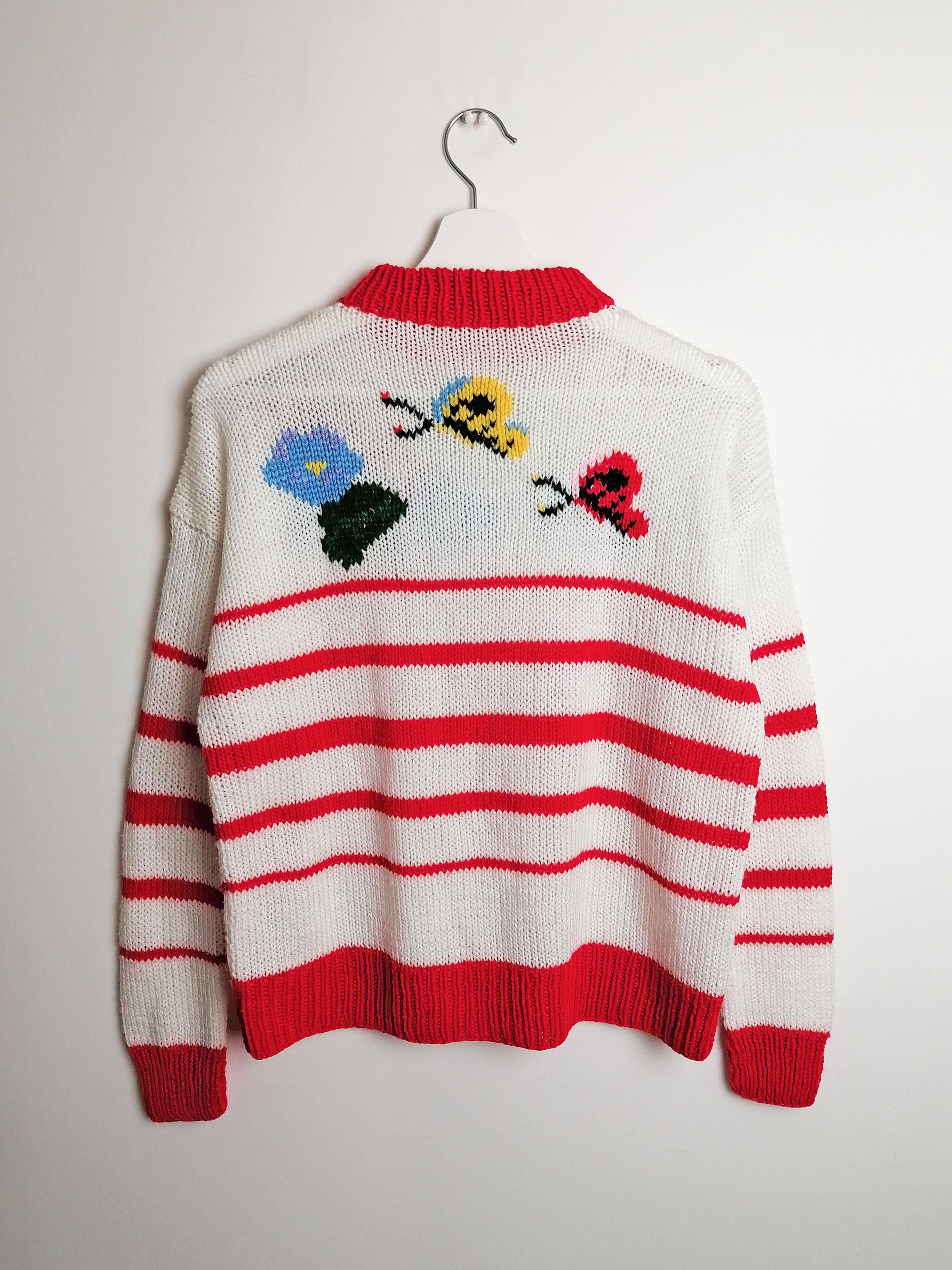 80's Handmade Knit Sweater Butterflies Flowers - size S-M