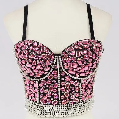 Acrylic Beads Corset Top Built In Bra Nightclub Sexy Women Crop Top To Wear Out Bra Push Up Chest