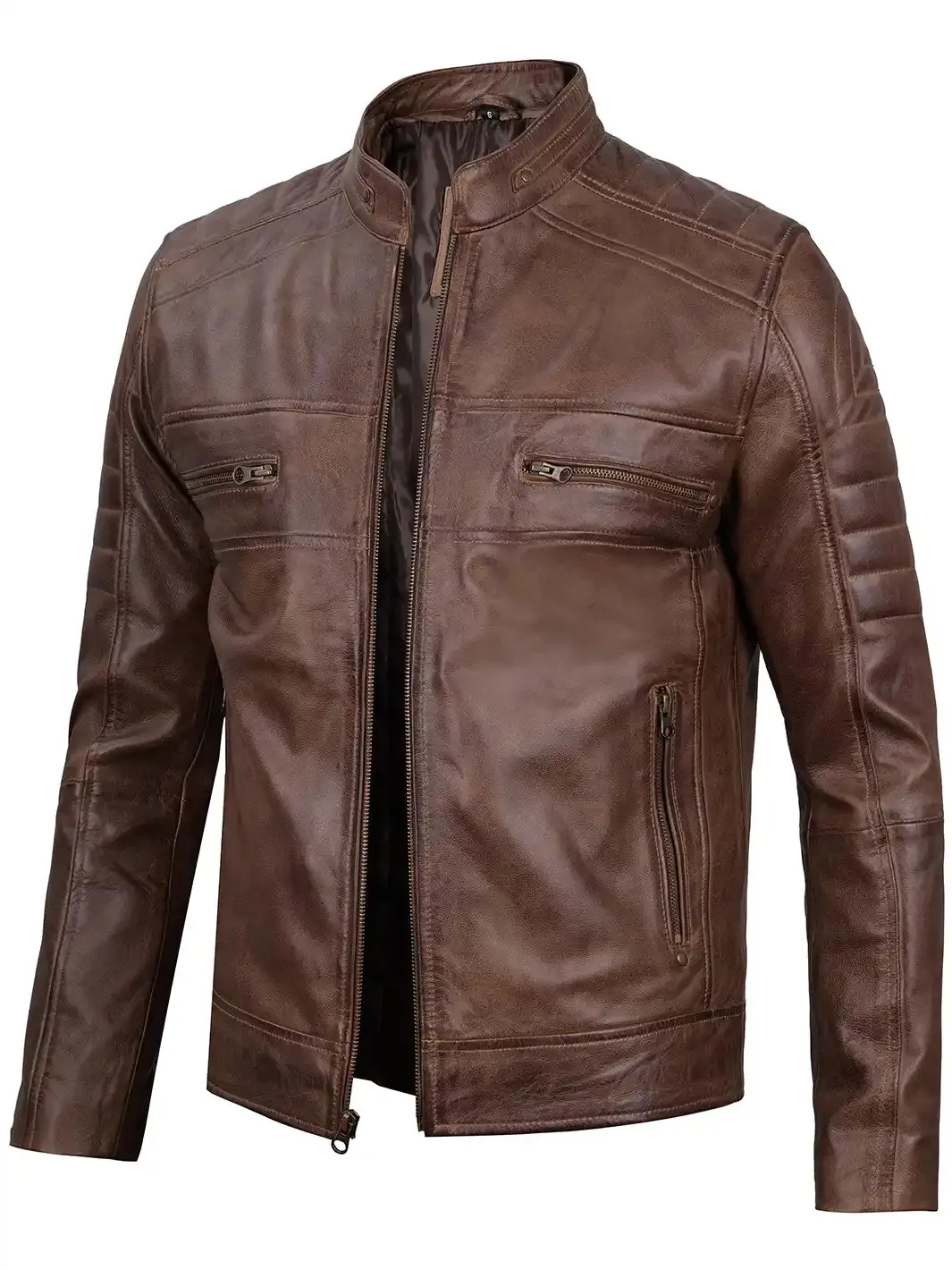 Austin Distressed Coffee Brown Cafe Racer Leather Jacket for Men