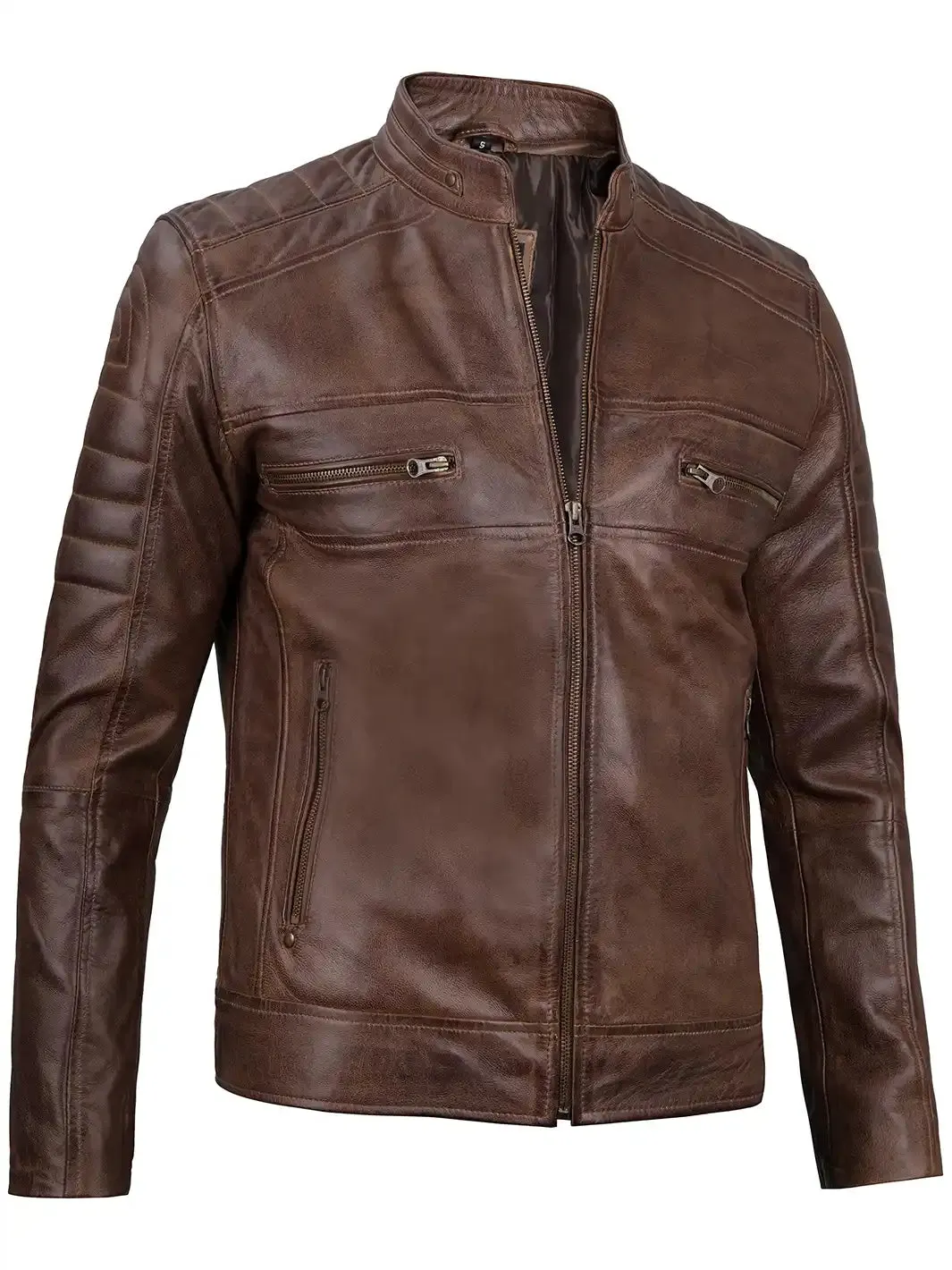 Austin Distressed Coffee Brown Cafe Racer Leather Jacket for Men