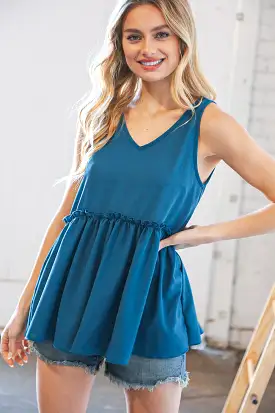 Azure Blue V Neck Sleeveless Ruffle Frill Tunic