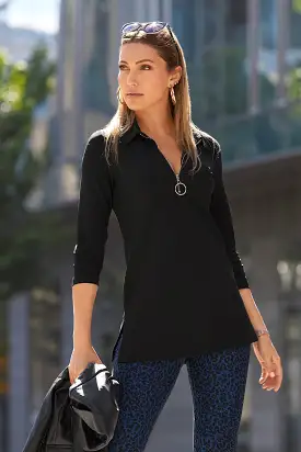 Beyond Travel Collared Ring Detail Zip Front Tunic Top Jet Black