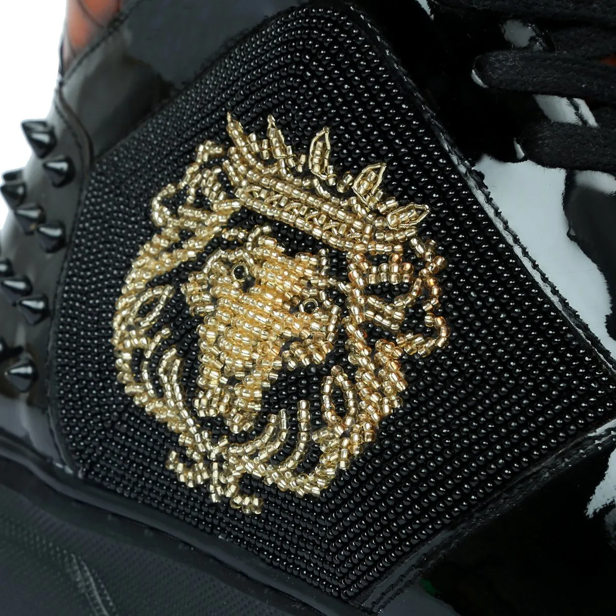 Black Studded Leather Sneakers with Patent Detailing Smokey Orangish Golden Beads Lion Zardosi