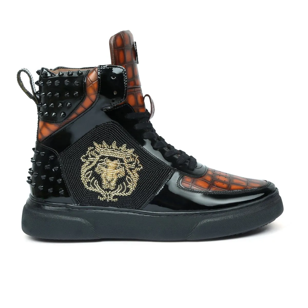 Black Studded Leather Sneakers with Patent Detailing Smokey Orangish Golden Beads Lion Zardosi