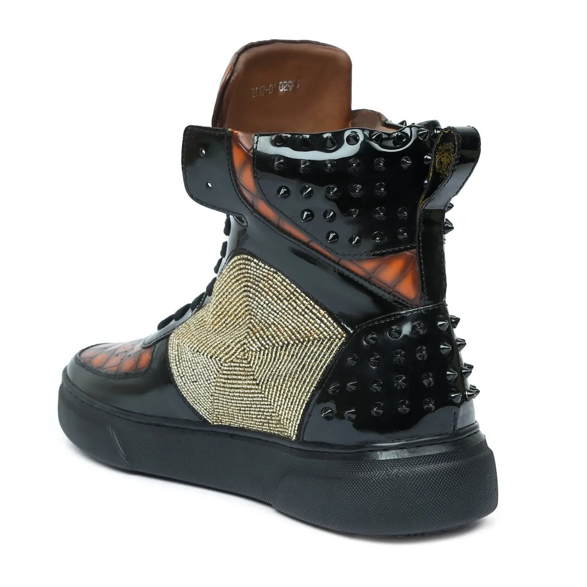 Black Studded Leather Sneakers with Patent Detailing Smokey Orangish Golden Beads Lion Zardosi