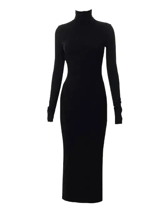 Bodycon Knitted Turtleneck Long Black Dress