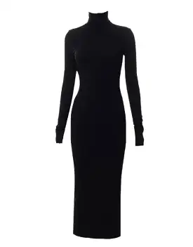 Bodycon Knitted Turtleneck Long Black Dress