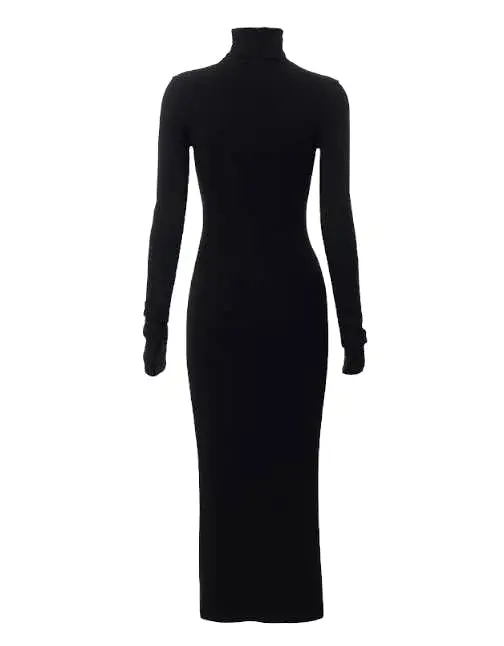 Bodycon Knitted Turtleneck Long Black Dress