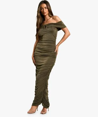 boohoo Womens Bardot Trim Detail Ruched Slinky Maxi Dress