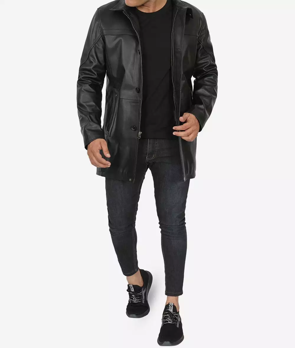 Bristol Mens Black Leather Car Coat - 3/4 Length Coat