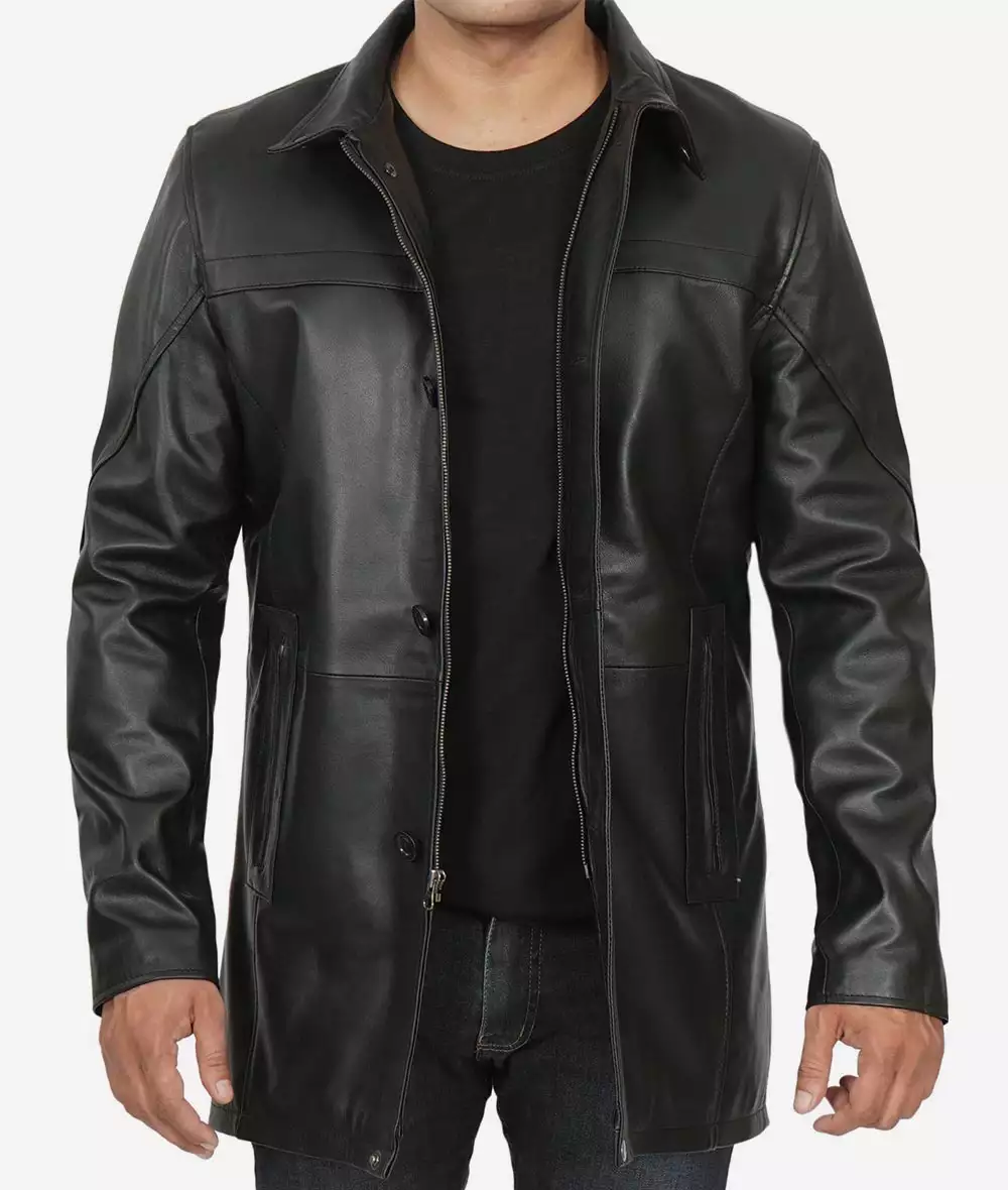 Bristol Mens Black Leather Car Coat - 3/4 Length Coat