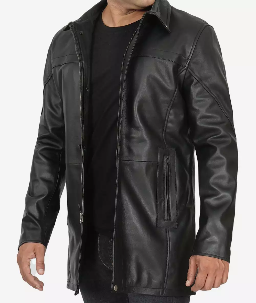 Bristol Mens Black Leather Car Coat - 3/4 Length Coat