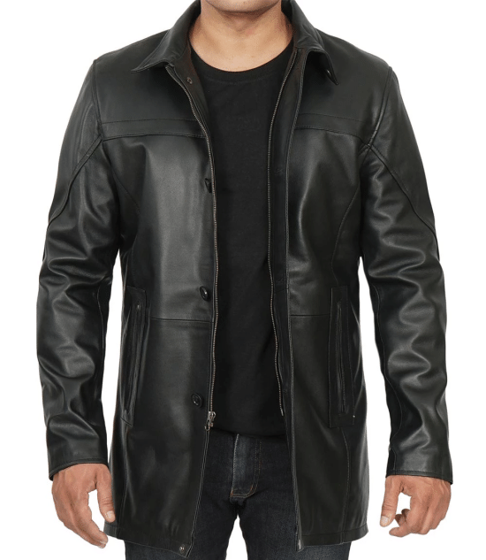 Bristol Real Lambskin Black Leather Car Coat Men's