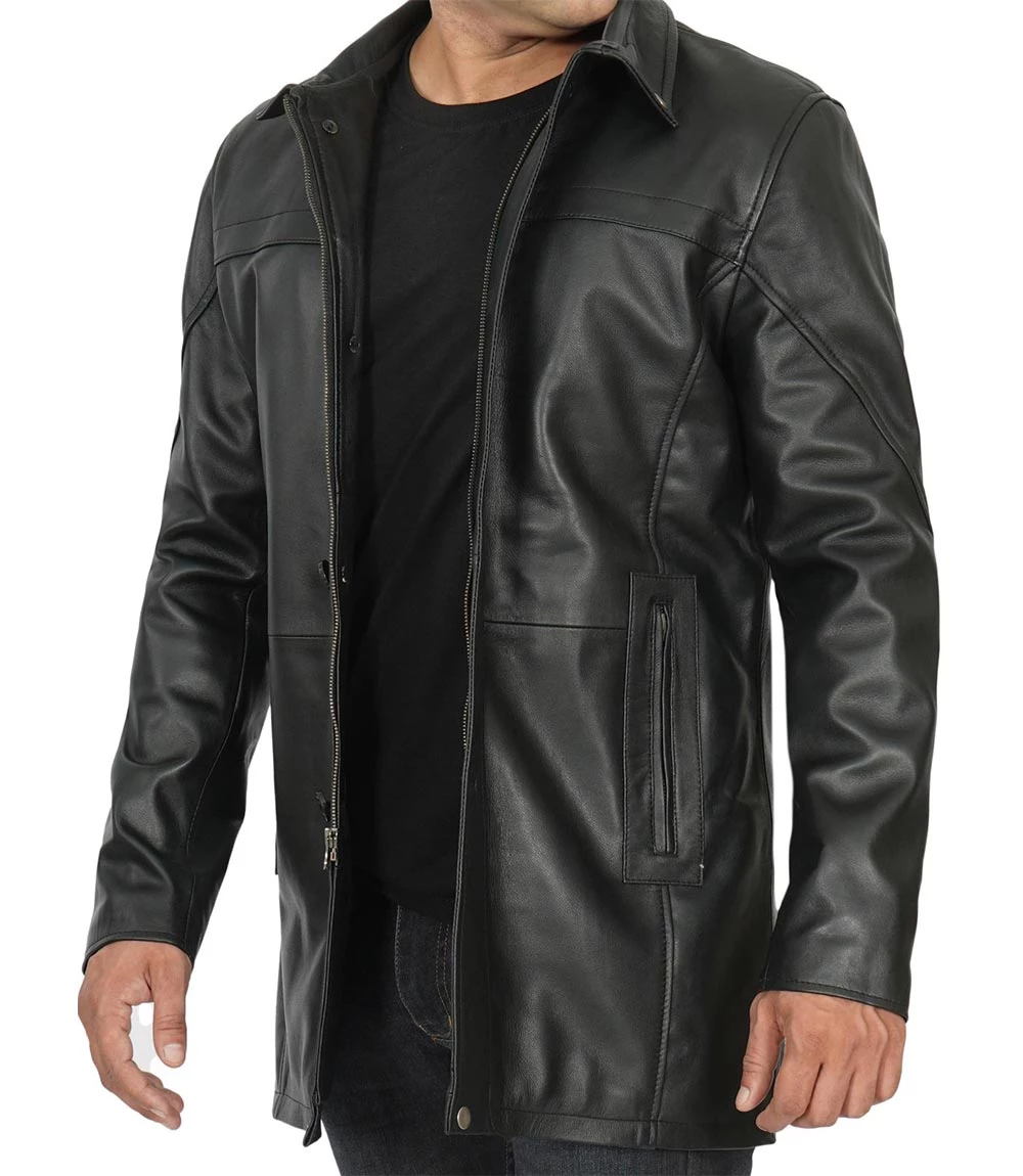 Bristol Real Lambskin Black Leather Car Coat Men's