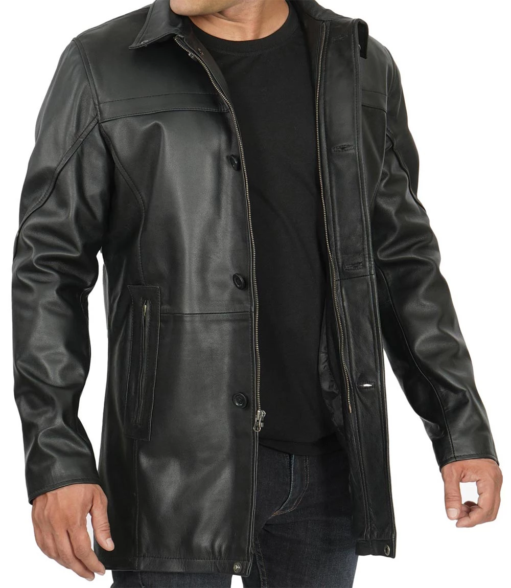 Bristol Real Lambskin Black Leather Car Coat Men's