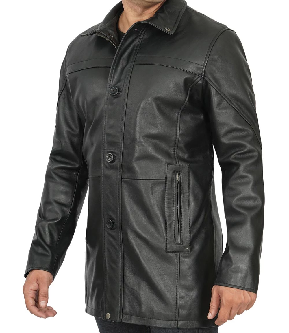 Bristol Real Lambskin Black Leather Car Coat Men's