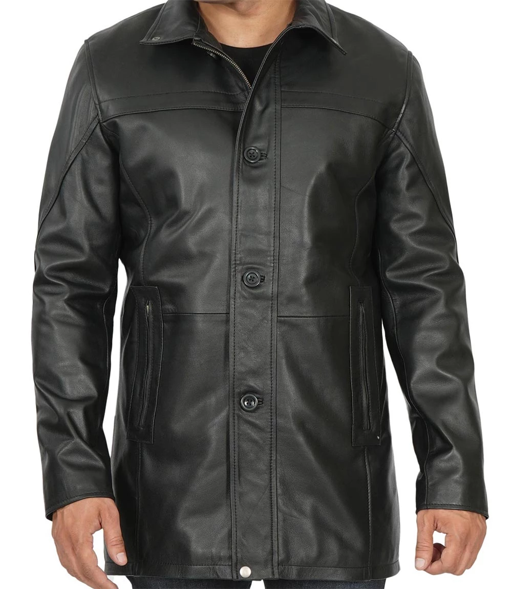 Bristol Real Lambskin Black Leather Car Coat Men's