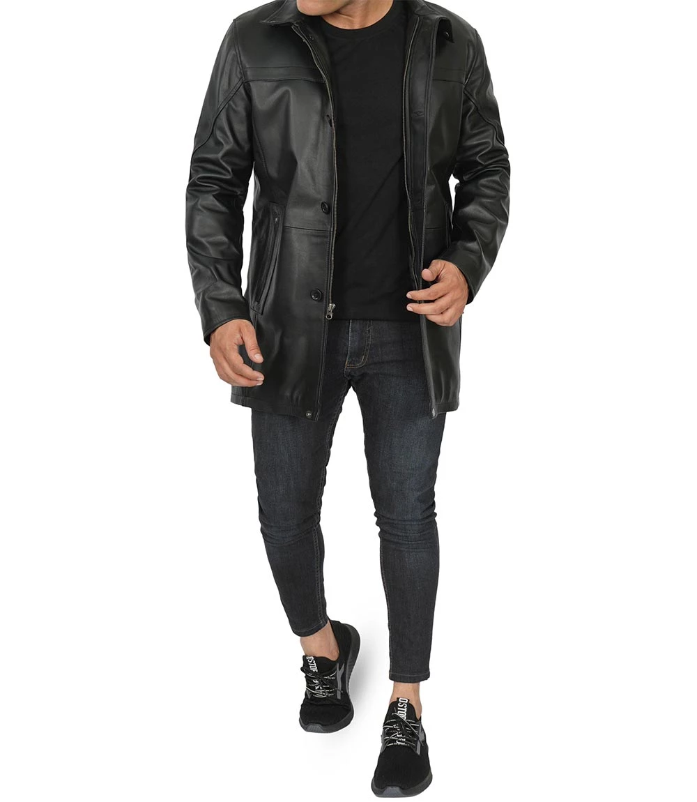 Bristol Real Lambskin Black Leather Car Coat Men's