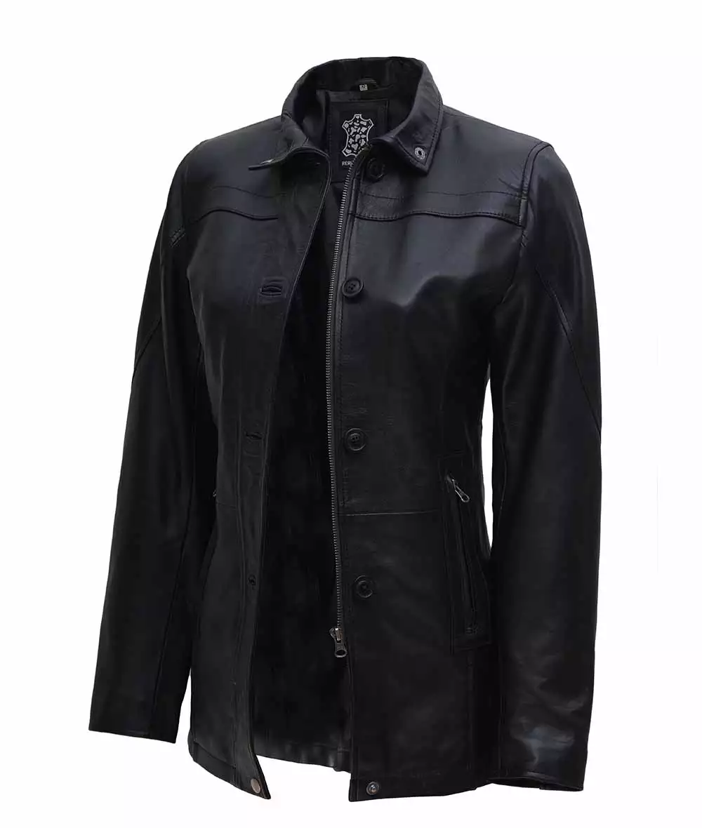 Bristol Womens Black Leather Car Coat - 3/4 Length