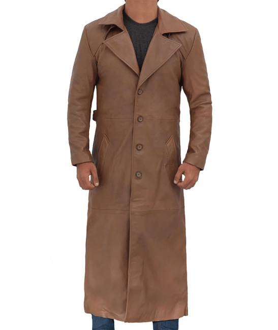 Brown Men Leather Long Duster Coat