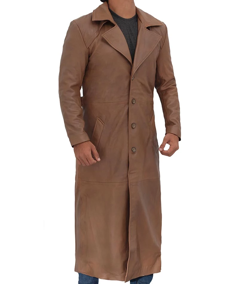 Brown Men Leather Long Duster Coat