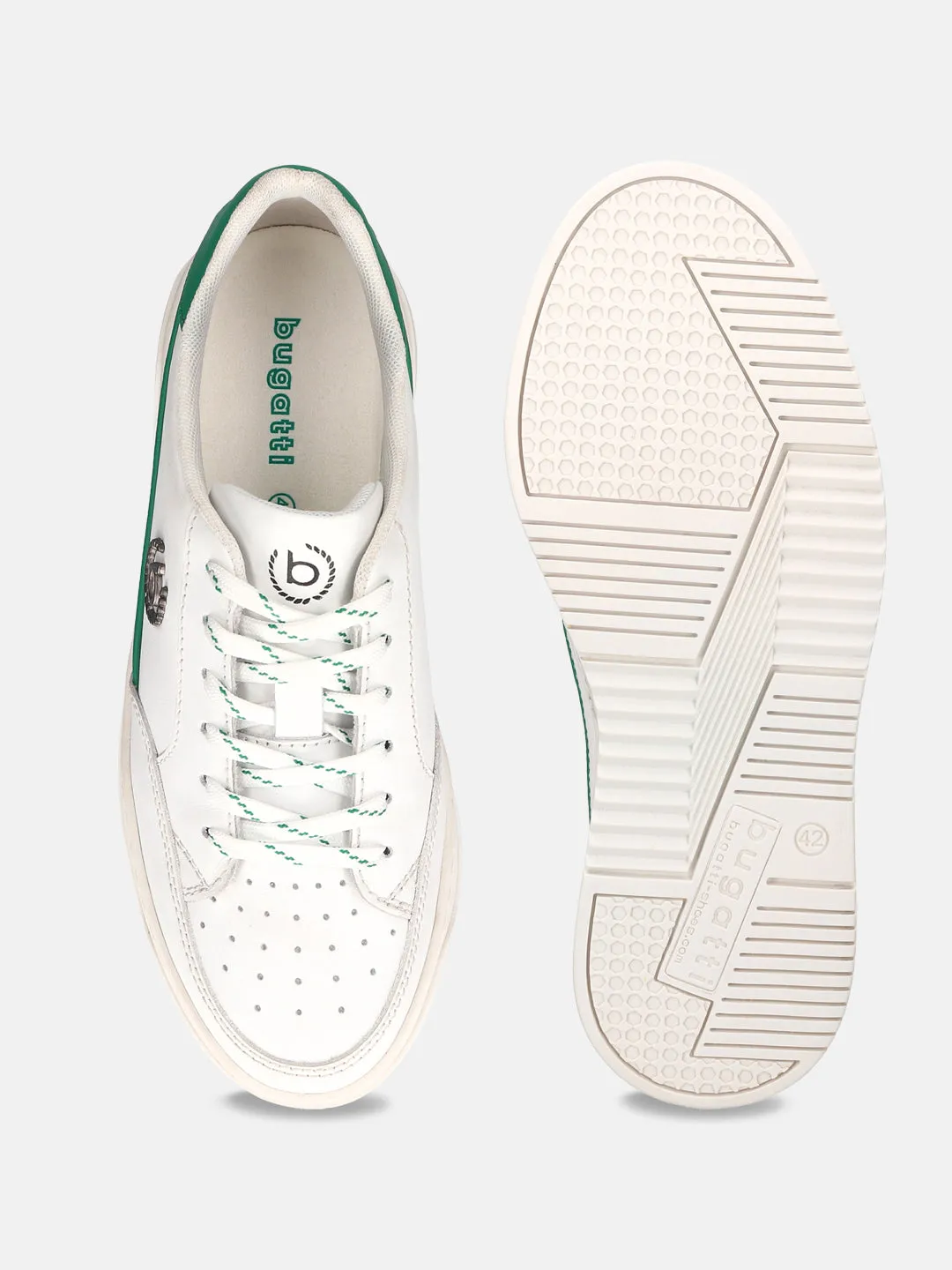 bugatti White & Green Premium Leather Sneakers