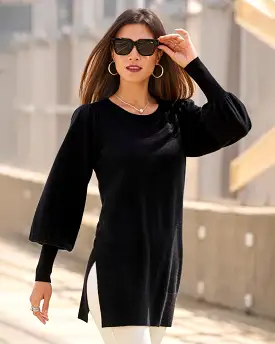 Cashmere Puff Sleeve Sweater Tunic Black