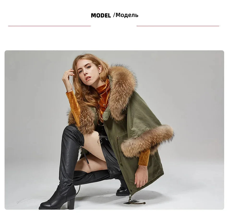 Casual Real Raccoon Fur Collar Flared Sleeve Cotton Jacket for Women