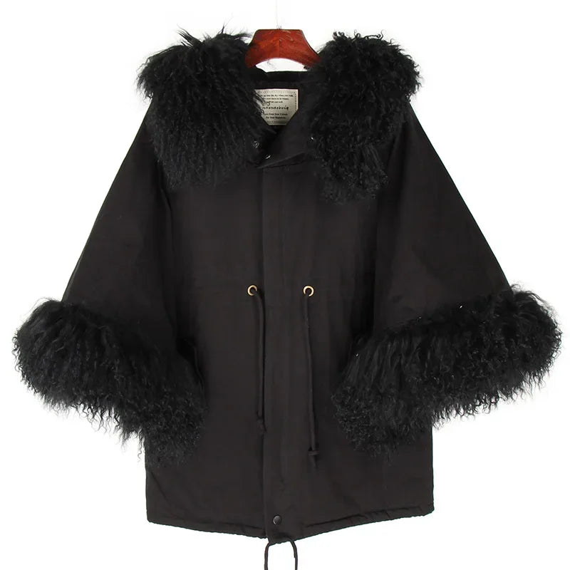 Casual Real Raccoon Fur Collar Flared Sleeve Cotton Jacket for Women