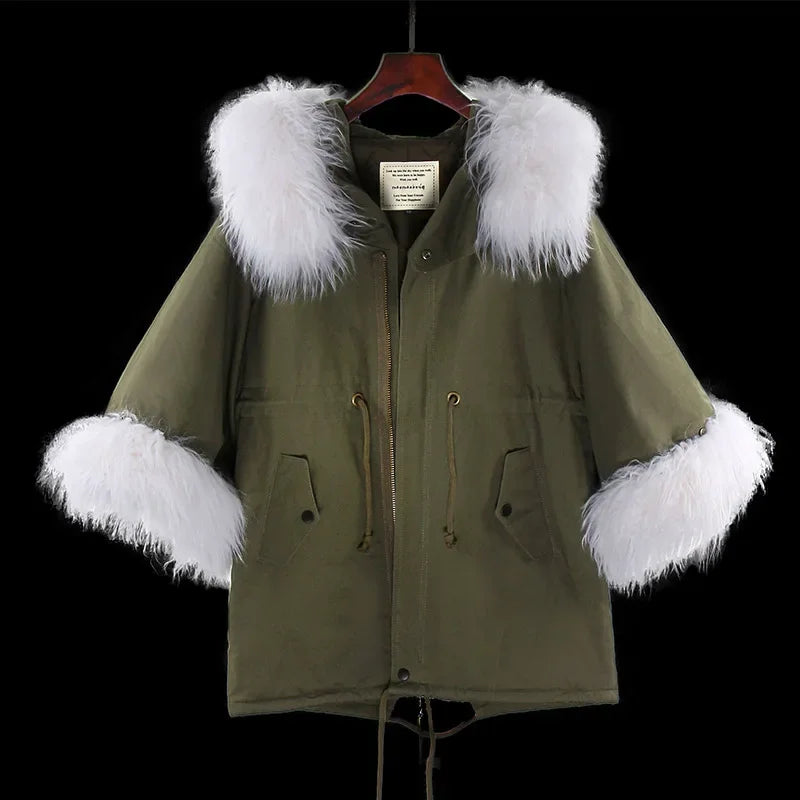 Casual Real Raccoon Fur Collar Flared Sleeve Cotton Jacket for Women