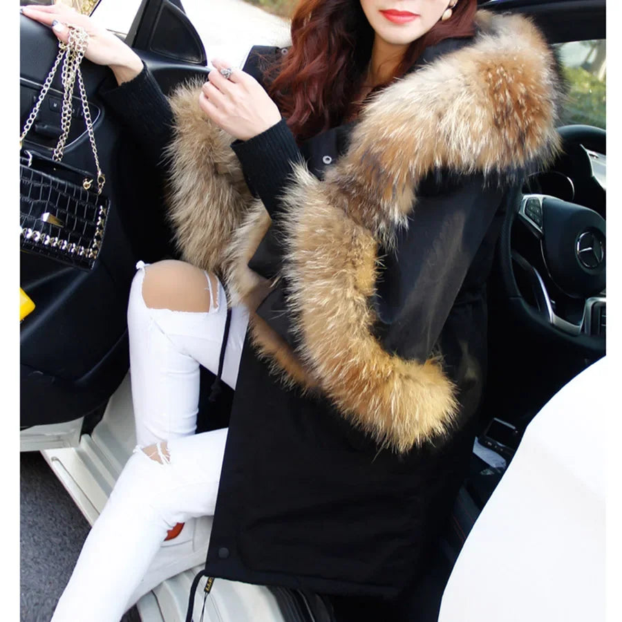 Casual Real Raccoon Fur Collar Flared Sleeve Cotton Jacket for Women