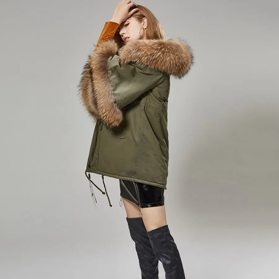 Casual Real Raccoon Fur Collar Flared Sleeve Cotton Jacket for Women