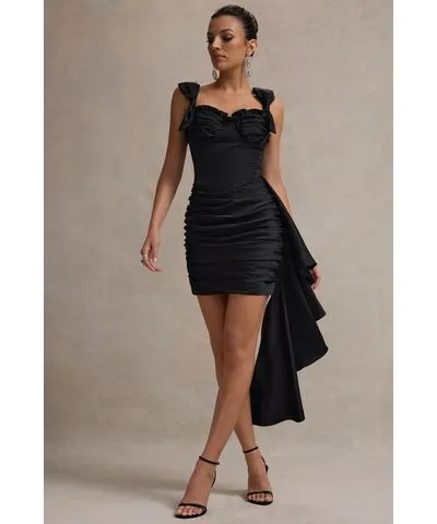 Club L London - USA Lesina | Black Satin Ruched Corset Mini Dress With Drape