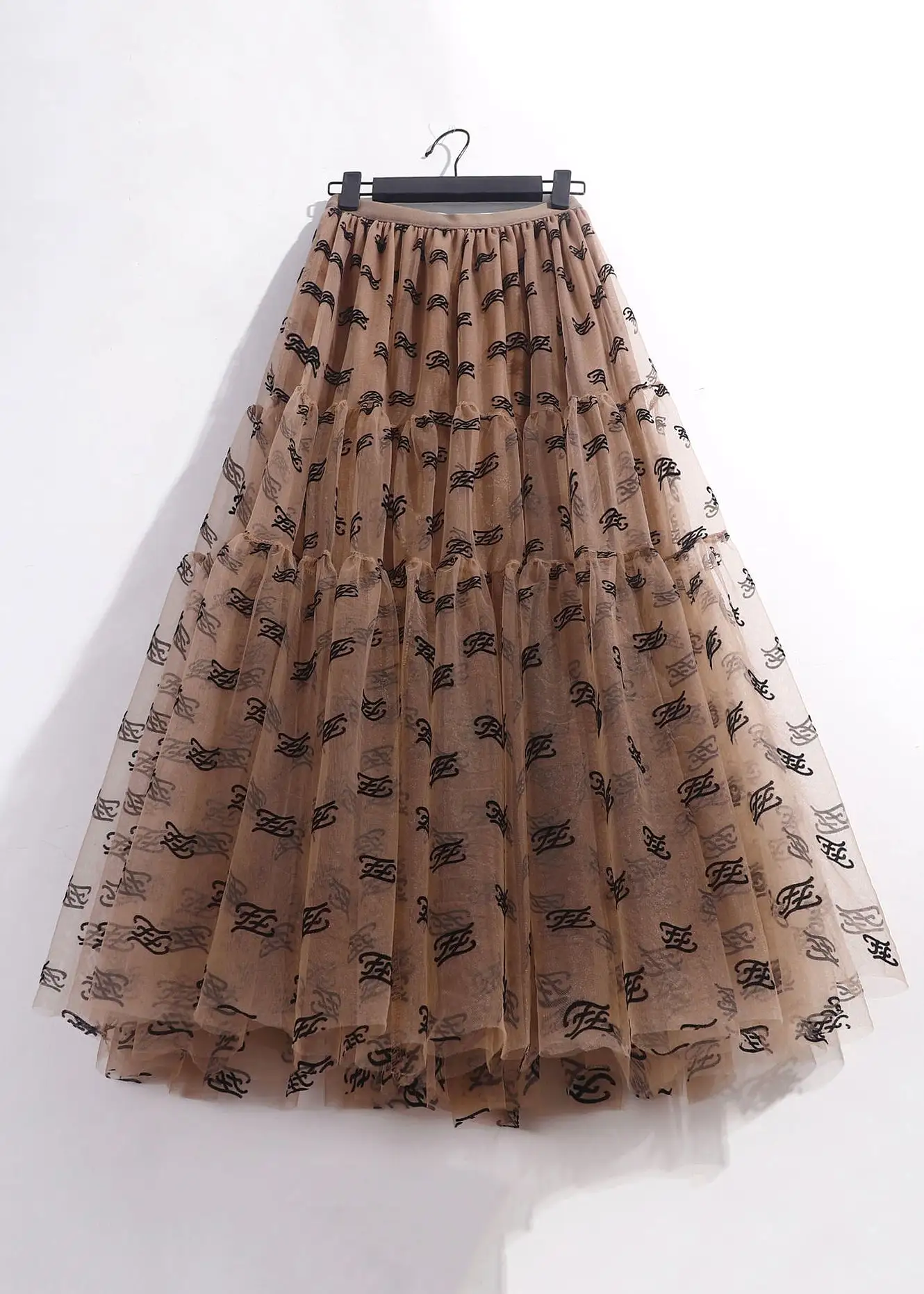 Coffee Wrinkled Tulle Skirt High Waist Summer AS1096