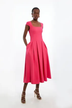 Compact Stretch Tailored Square Neck Full Skirted Midi Dress | Karen Millen