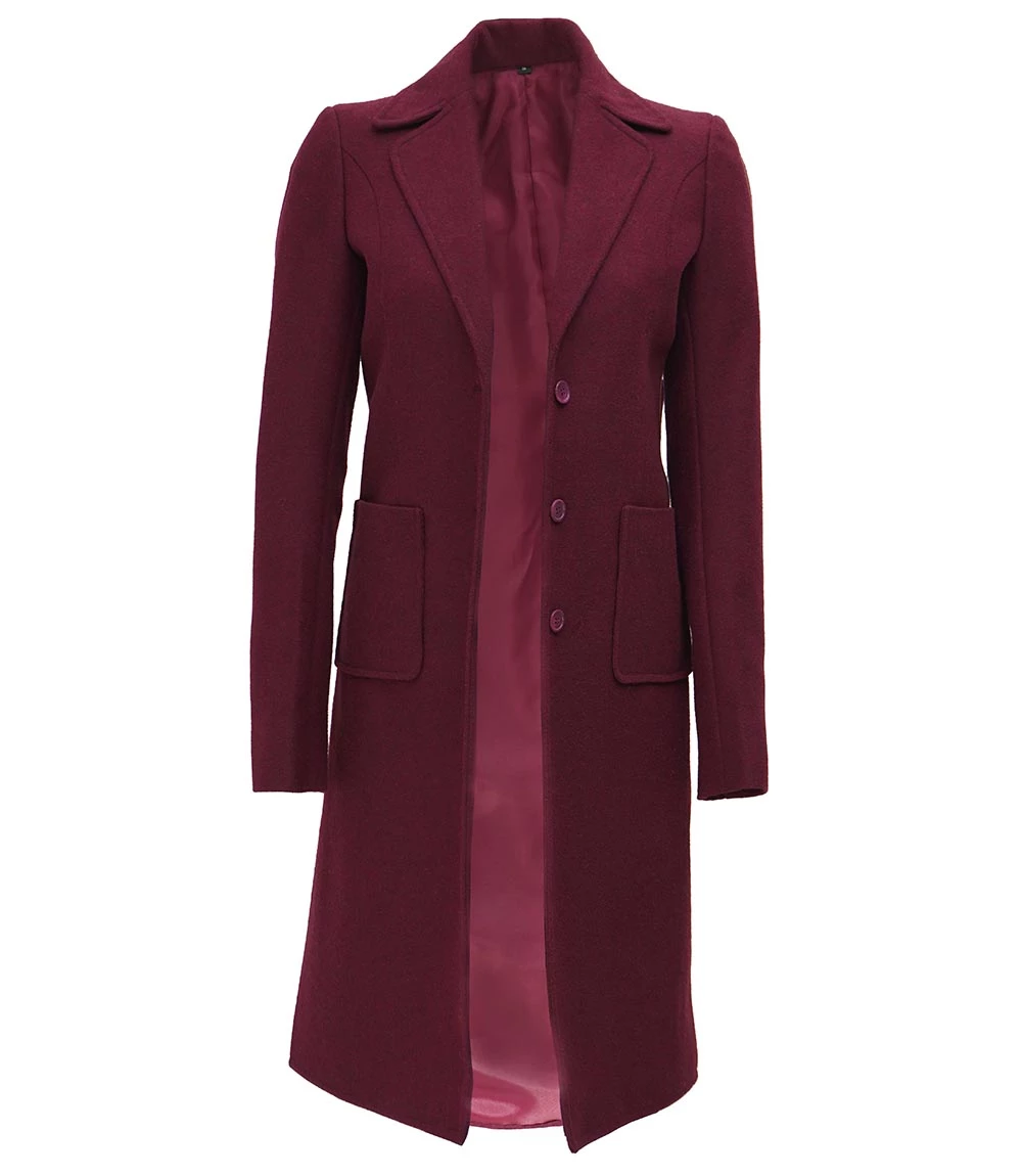 Connie Regular Fit Maroon Long Wool Coat - Overcoat for women