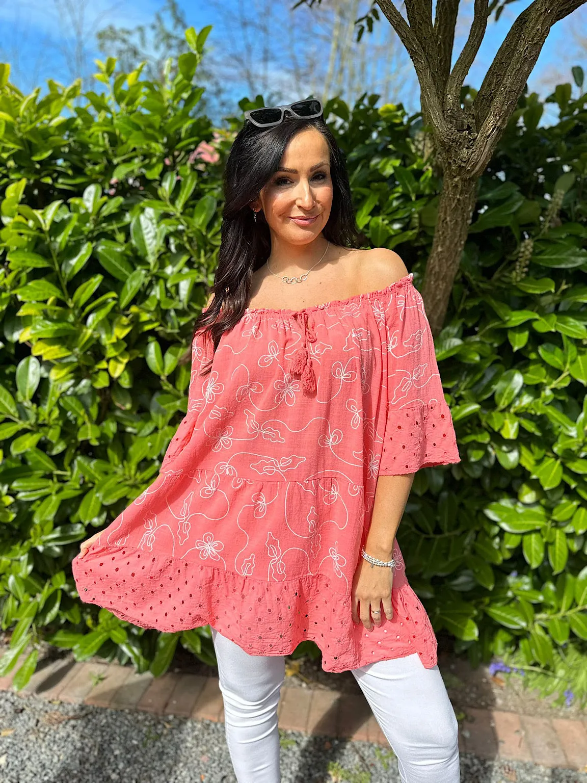 Coral Patterned Tassel Bardot Tunic Penny