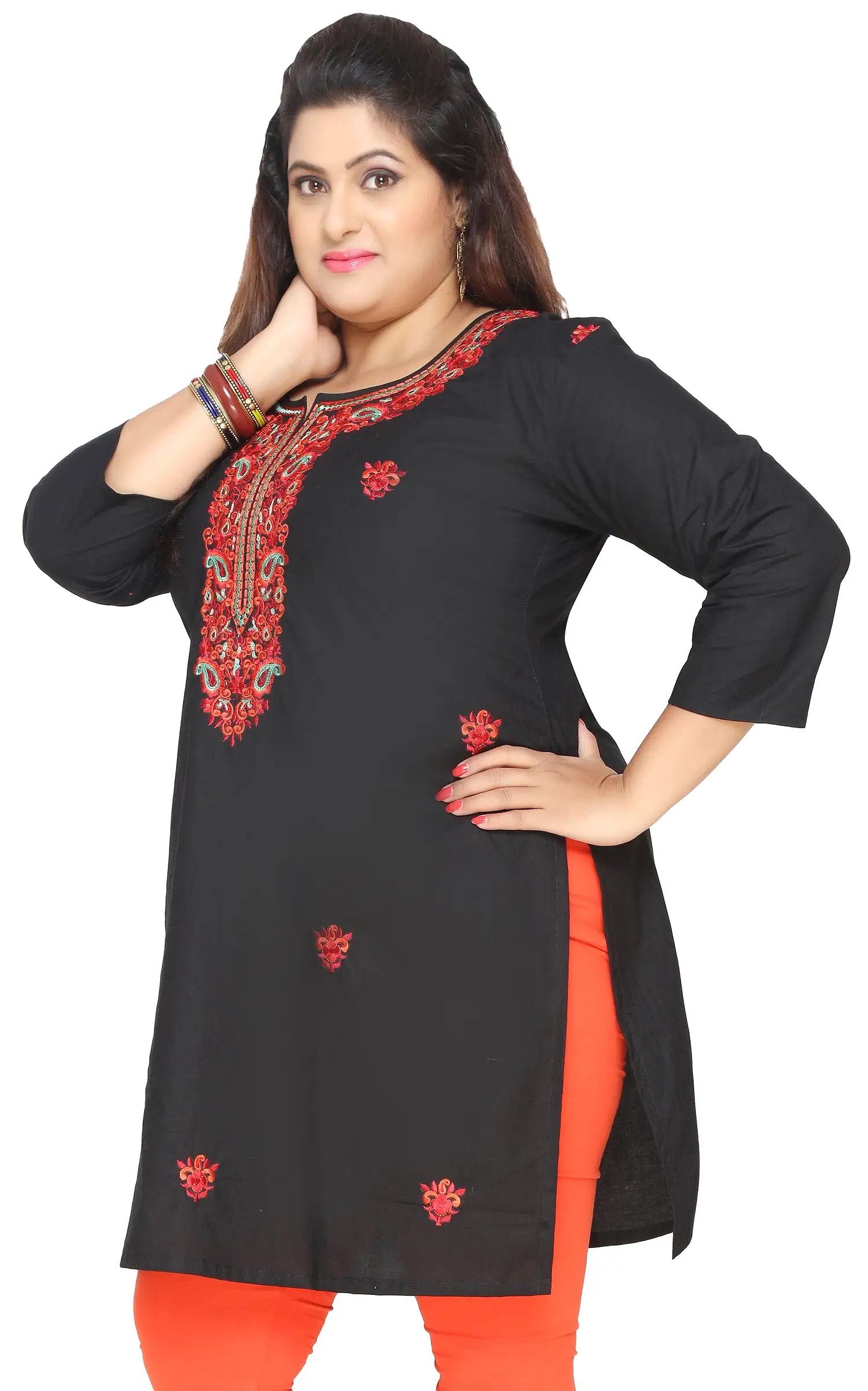 Cotton Tunic Long Top Kurti Womens India Plus Size Clothes (Black)