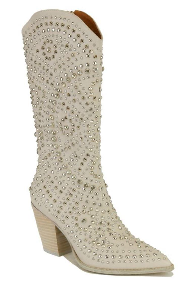 Daisy Rhinestone & Stud Cowgirl Boots - Taupe