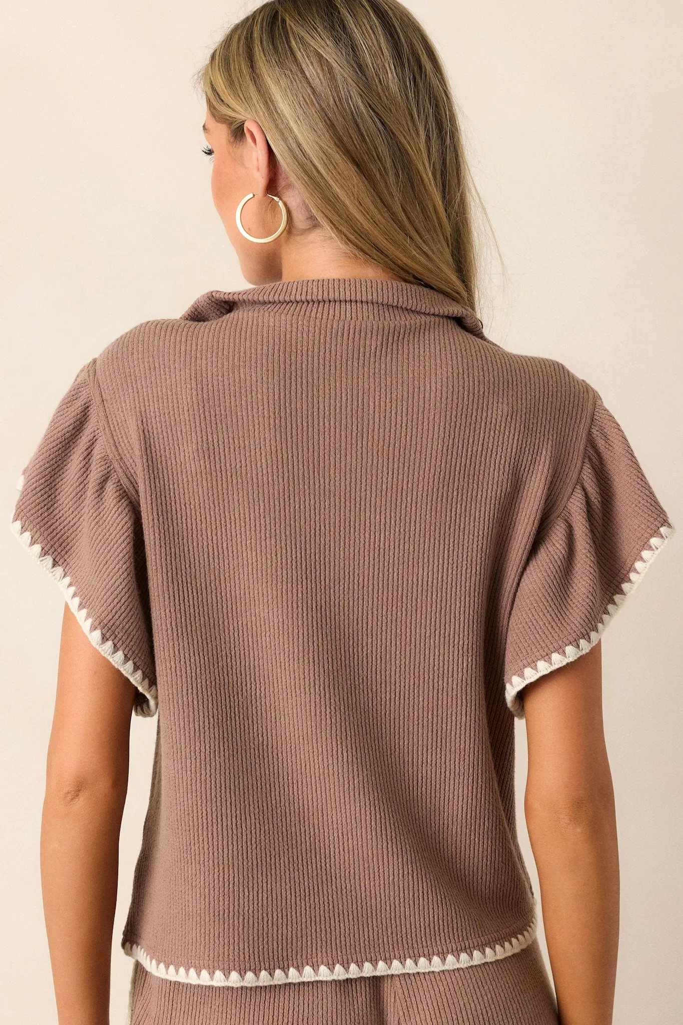 Ease My Mind Mocha Blanket Stitch Quarter Zip Sweater