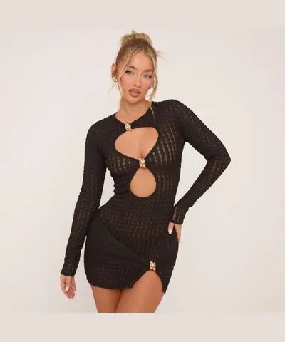 EGO Long Sleeve Ring Detail Cut Out Mini Dress In Black Texture