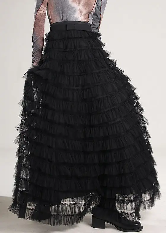 Elegant Black Solid High Waist Tulle Pleated Skirt Spring AB1044