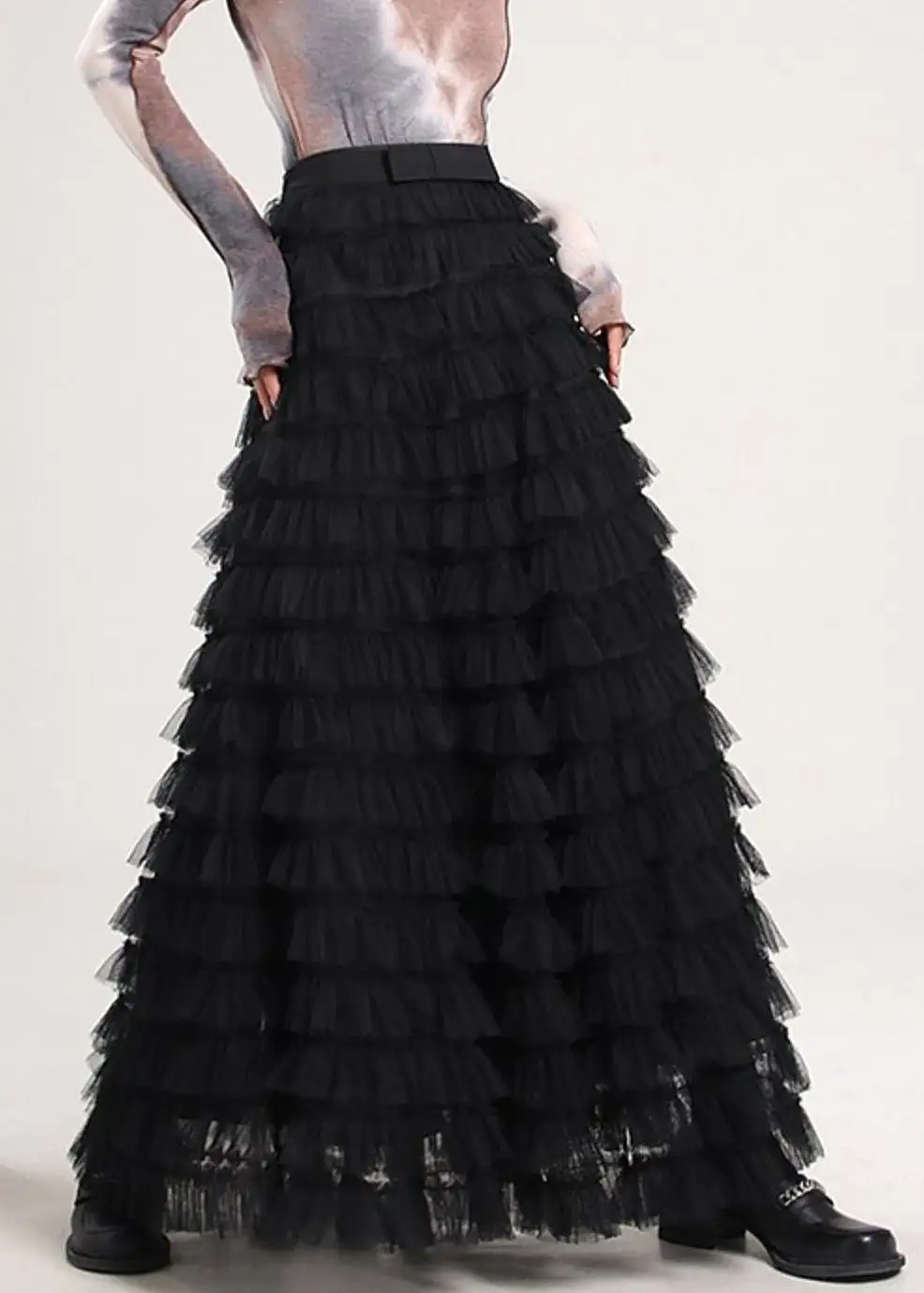 Elegant Black Solid High Waist Tulle Pleated Skirt Spring AB1044