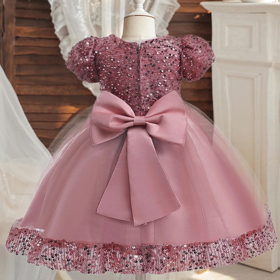 Elegant Kids Sequin Bow Birthday Princess Clothes Children S4945944