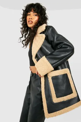 Faux Leather Teddy Trim Coat