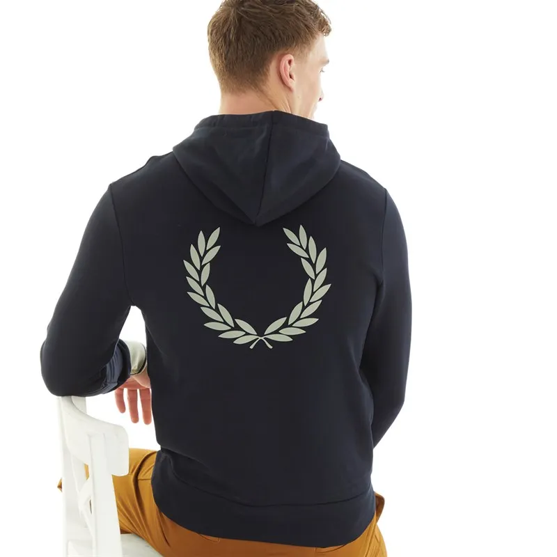 Fred Perry Mens Contrast Cuff Laurel Hoodie Navy