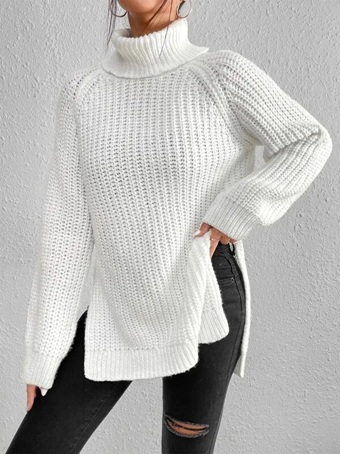 Full Size Turtleneck Rib-Knit Slit Sweater