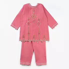 Girls Jacquard 2PC Suit Jashan-Coral